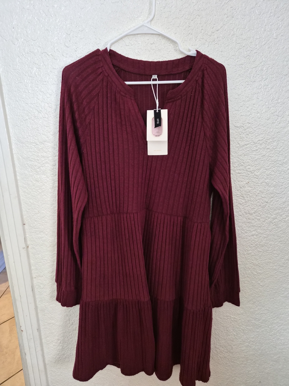 Women’s Ribbed Long-Sleeve Tiered Dress - Burgundy